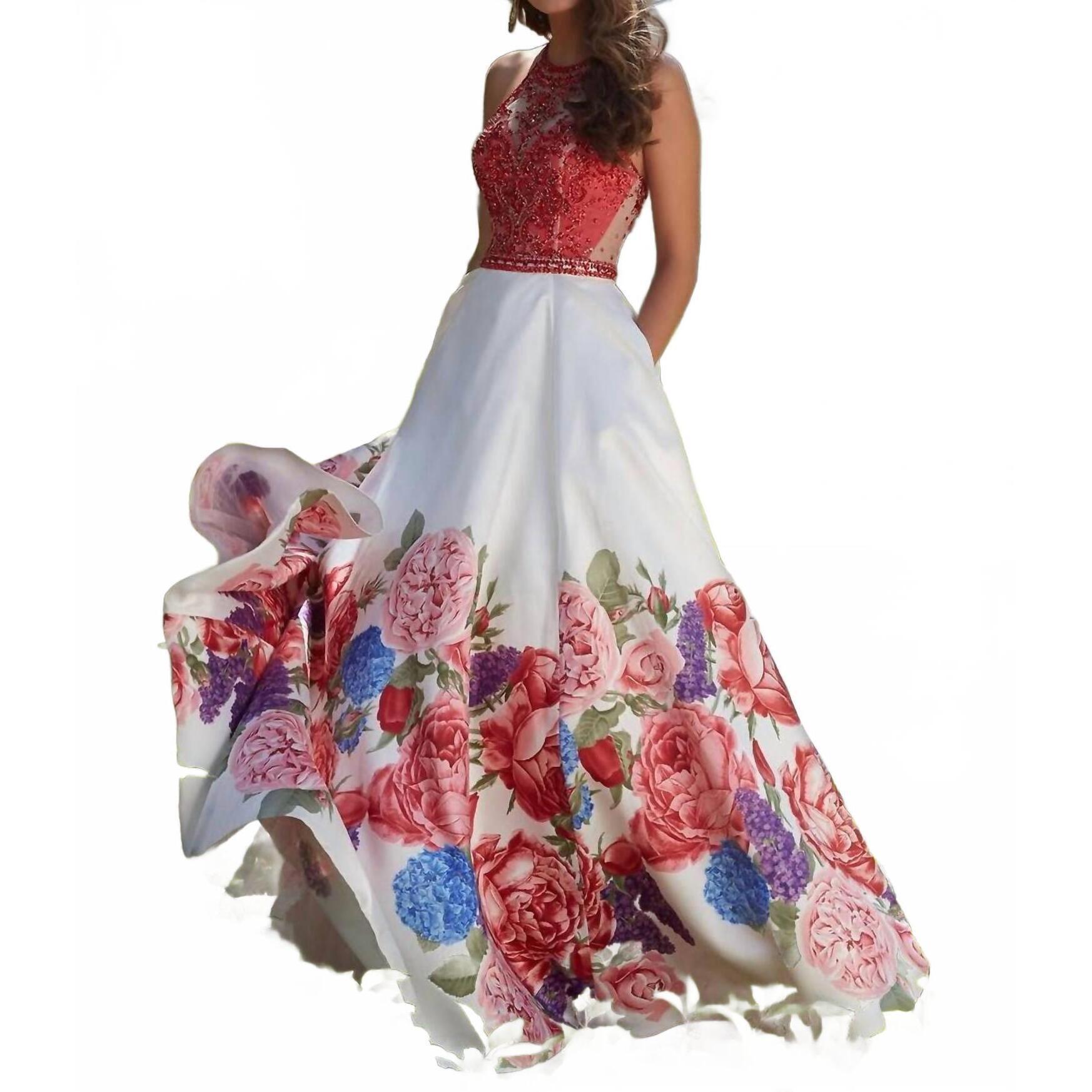 New Paparazzi By Mori Lee Beaded Bodice Floral Printed Satin Ball Gown In White/